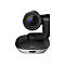 Schwarze Logitech-Webcam mit groÃŸem Objektiv. Auf silberner Basis. Blaue LED leuchtet.