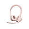 Casque rose clair avec microphone sur fond blanc, logo "logi".