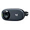 Dunkelgraue Logitech Webcam mit Linse, MikrofonlÃ¶chern und Logo. Die Kamera ist an einem Halter montiert.