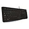 Schwarze Logitech K120 Tastatur in Perspektive vor weißem Hintergrund.