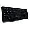 Schwarze Tastatur mit weißen Buchstaben und Zahlen auf weißem Hintergrund.
