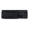 Schwarze, kabelgebundene Logitech K120 Tastatur mit QWERTZ-Layout auf weißem Hintergrund.