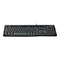 Schwarze Logitech-Tastatur, Tasten mit weißer Beschriftung. Oben befinden sich Funktionstasten, Nummernfeld rechts.