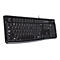Schwarze Logitech-Tastatur auf weißem Hintergrund. Alle Tasten sind sichtbar.