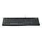 Schwarze Logitech-Tastatur, Draht angeschlossen. Buchstaben und Symbole auf den Tasten.