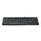 Schwarze Logitech-Tastatur, Draufsicht. Buchstaben, Zahlen und Sondertasten sind beschriftet.