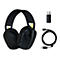 Schwarzes kabelloses Gaming-Headset mit gelben Akzenten und Zubehör auf weißem Hintergrund.