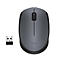 Drahtlose graue Maus mit USB-Empfänger, Logo „Logi“.