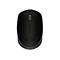 Schwarze Logitech-Maus, Drahtlos-Modell, mit Scrollrad. Aufschrift Logitech.