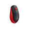 Drahtlose Computermaus, schwarz und rot, mit Logo. Der Maus-Roller ist rot.