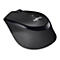 Schwarze Logitech-Maus, mit Logo, Scrollrad und Status-LED.