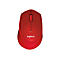 Rote Logitech-Maus mit Logo und Scrollrad auf weißem Hintergrund.