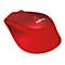 Rote Logitech-Maus auf weißem Hintergrund, mit Logo und Rollrad.
