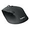 Schwarze, ergonomisch geformte Computermaus mit seitlichen Tasten und Scrollrad. Auf der Maus steht "Logitech".