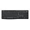Draufsicht auf eine schwarze Logitech-Tastatur mit Buchstaben, Zahlen und Funktionstasten.
