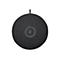 Haut-parleur de conférence rond et noir avec un symbole de microphone au centre.