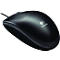 Black computer mouse with cable, scroll wheel, and Logitech logo.