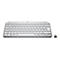 Draufsicht auf eine kabellose Logitech-Tastatur mit weiß-grauem Design und dazugehörigem USB-Empfänger.