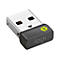 USB-Empfänger von Logitech, Silber und Grau. Mit Logo und Markenzeichen.