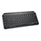 Drahtlose, dunkelgraue Logitech-Tastatur; Tasten mit deutscher Beschriftung.