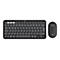 Schwarzes Logitech-Tastatur- und Maus-Set. Die Tastatur hat runde Tasten, die Maus ist oval.
