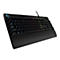 Schwarze mechanische Gaming-Tastatur mit beleuchteten Tasten in verschiedenen Farben. Das Logo des Herstellers ist in der oberen linken Ecke sichtbar.