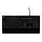 Schwarze Computertastatur. Das Logitech-Logo befindet sich oben links, Tasten mit weißen Buchstaben und Symbolen, mit einem schwarzen Kabel verbunden.