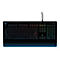 Schwarze Gaming-Tastatur mit beleuchteten Tasten und Kabelanschluss. Verschiedene Funktionstasten und ein G-Logo.