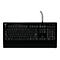 Schwarze Gaming-Tastatur mit Kabel, Tasten mit weiÃŸen Beschriftungen, Logo oben links.