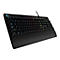 Schwarze Gaming-Tastatur mit farbiger Beleuchtung und G-Logo.