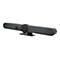 Dunkelgraue Videokonferenz-Soundbar mit Halterung auf weißem Hintergrund.