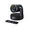 Schwarze Logitech-Webcam mit Fernbedienung auf weiÃŸem Hintergrund.