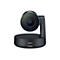 Schwarze Logitech-Webcam. Runde Basis, zylindrisches Objektiv, Logo und Leuchte.