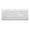 Weisse Tastatur mit Tasten und Logo. Die Tastatur ist flach und hat eine rechteckige Form.
