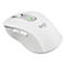 WeiÃŸe Computermaus mit Logitech-Logo. Obere Seite weiÃŸ, Seiten und Tasten hellgrau, grÃ¼nes Licht.