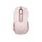 Souris sans fil rose et beige. Il y a une molette de dÃ©filement sur le dessus et une LED verte.