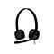 Schwarzes Headset mit Ohrmuscheln, Mikrofon und Bügel. Das Kabel hängt nach unten.