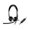 Schwarzes Headset mit Mikrofon. Auf dem Kabel befindet sich eine Bedieneinheit.