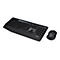 Schwarzes Logitech-Tastatur- und Maus-Set vor weißem Hintergrund.