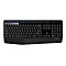 Schwarze Logitech Tastatur mit integrierter Handballenauflage vor weißem Hintergrund.
