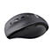 Schwarze Logitech-Maus, von oben betrachtet, mit Scrollrad, Tasten und strukturiertem Griffbereich.