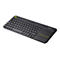 Schwarze kabellose Logitech-Tastatur mit integriertem Touchpad und gelben Akzenten vor weißem Hintergrund.