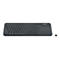 Schwarze kabellose Logitech-Tastatur mit integriertem Touchpad und USB-Empfänger.