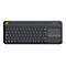 Drahtlose Logitech-Tastatur in Dunkelgrau mit gelben Akzenten und integriertem Touchpad auf weißem Hintergrund.