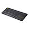 Drahtlose schwarze Logitech-Tastatur mit Touchpad, gelben Akzenten und weißen Tasten vor weißem Hintergrund.