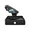Schwarzer Joystick mit blau-grauen Akzenten. Auf einem rechteckigen, dunklen Sockel montiert.