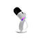 Microphone blanc avec tête noire, posé sur un support blanc. Le support et le microphone sont reliés par un câble blanc.
