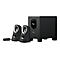 Schwarzes Logitech-Lautsprecherset, bestehend aus zwei Satelliten, einem Subwoofer und einer Steuerung.