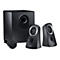 Schwarzes Logitech-Lautsprecher-Set mit Subwoofer, zwei Satellitenlautsprechern und Fernbedienung.