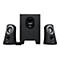 Schwarzes Logitech-Lautsprechersystem mit Subwoofer und zwei Satellitenlautsprechern.
